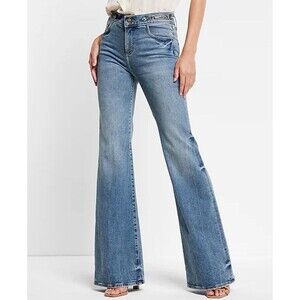 NWT Express Jeans 4S Short 70s Flare Mid Rise Light Wash Stretch Retro Horsebit